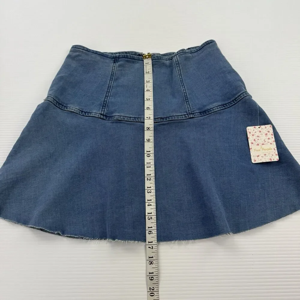 Free People Denim Mini Skirt Size 6 Blue Flare Raw Hem High Waist NWT $68